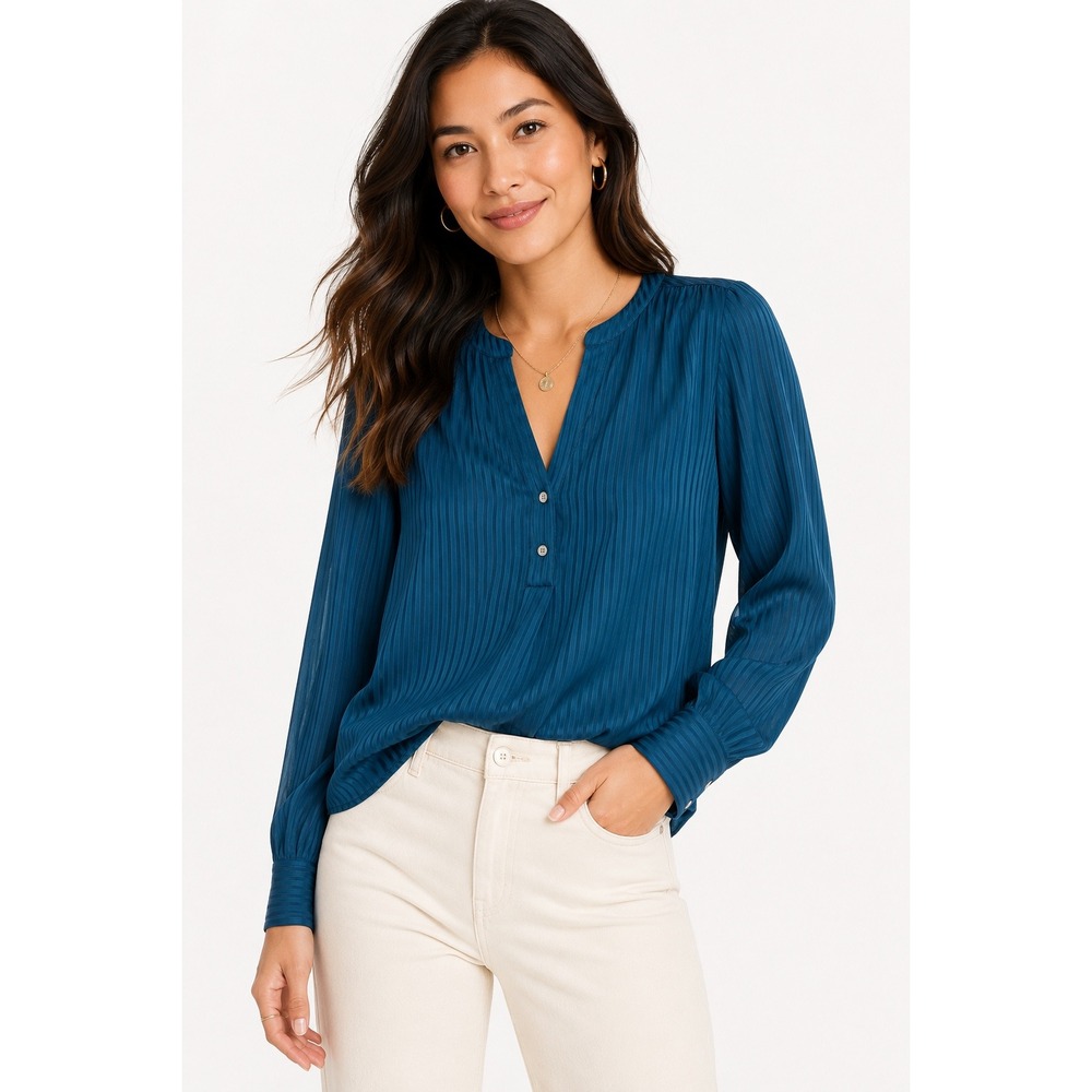 J.Crew Teal Sheer Stripe Blouse Size L Boho Office Minimalist Long Sleeve